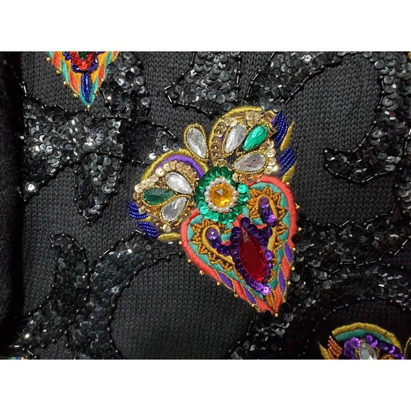 Vintage 90s Sweater Faux Gemstone Beaded Sequin Pullover Crewneck Sweater - L - Picture 3 of 6